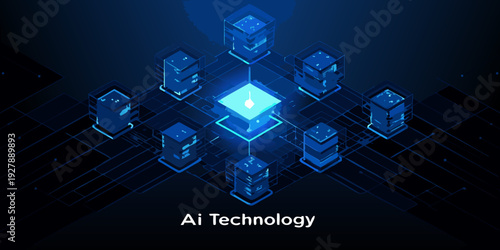 Abstract isometric design featuring glowing blue cubes and digital network