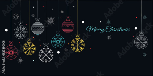 Colorful christmas ornaments hanging with a festive merry christmas message