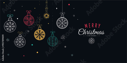 Colorful christmas ornaments hang against a dark background with festive text