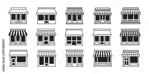 Collection of storefront icons with awnings, representing small businesses and retail shops in a modern vector graphic style.