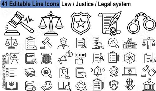 Law and justice line icons set. legal system, court, police, security, and document vector illustrations