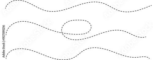 Hand drawn curve dash, dot lines on isolated white background for design elements 