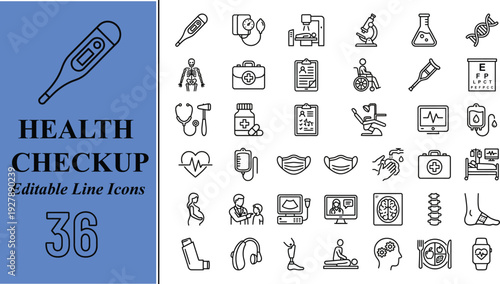 Set of 36 editable health checkup line icons, medicine, diagnostic, treatment concept, modern outline style
