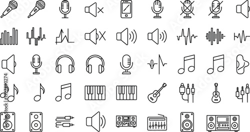 Audio and Music Line Icon Set Featuring Sound Control, Microphones, Speakers, Headphones, Waveforms, Instruments, and Multimedia Recording Symbols