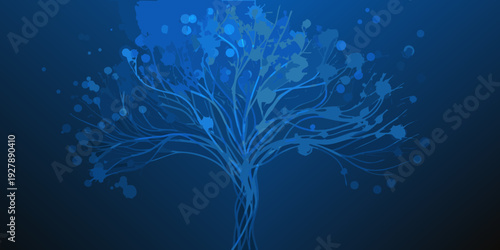 Abstract blue tree with branching roots and splattered light effects