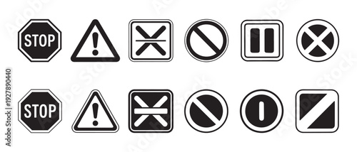 Collection of Universal Traffic and Control Symbols. Stop, Warning, No Entry, Pause, Forbidden, End and On/Off Signs on White Background.