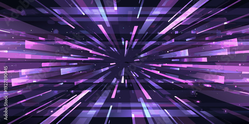 Abstract explosion of purple and pink geometric lines into darkness