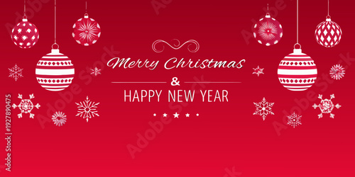 Festive red background with hanging ornaments and holiday greetings