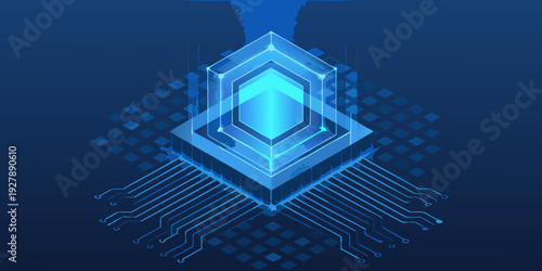 Abstract geometric shape with glowing blue lines and digital circuit patterns