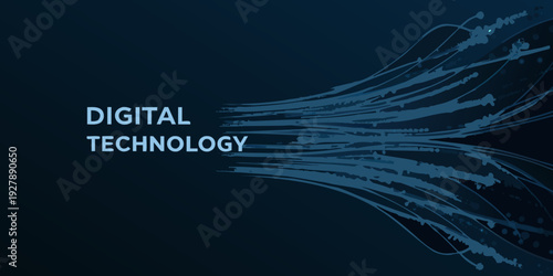 Abstract digital technology background with flowing lines and text