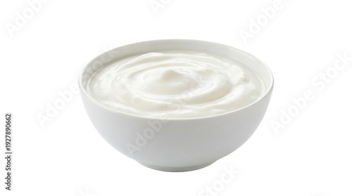 A pristine white bowl overflowing with creamy smooth yogurt on transparent background