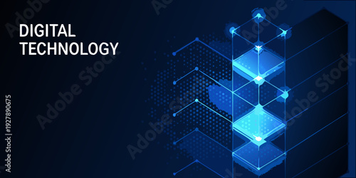 Abstract digital technology background with glowing geometric shapes and network connections