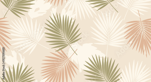 Seamless tropical pattern featuring various palm leaves in shades of green, pink, and cream on a light beige background.