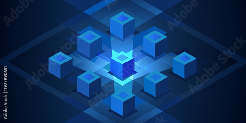 Abstract glowing blue geometric shapes representing data and technology