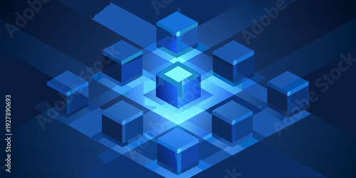 Abstract isometric arrangement of glowing blue cubes in a dark space
