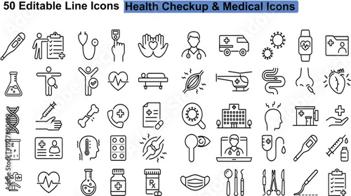 50 editable line icons health checkup medical icons collection vector symbols healthcare wellness diagnostic human body