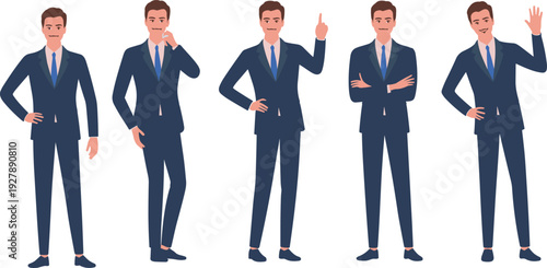 Businessman character poses set, professional male office worker gestures collection, corporate avatar icons, flat vector illustration pack