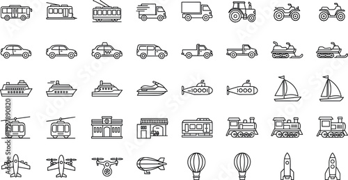 Vehicle and Transportation Line Icon Set Including Cars, Trucks, Trains, Ships, Aircraft, Drones, Bicycles, and Public Transit for Travel Design