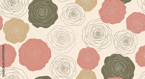 Seamless floral pattern with stylized roses in various shades of pink, brown, and beige, against a light cream background, featuring both solid and outline designs.