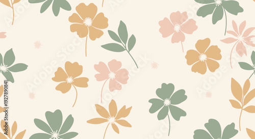 Seamless pattern with stylized pastel flowers and leaves on a light background, creating a gentle and decorative floral design.