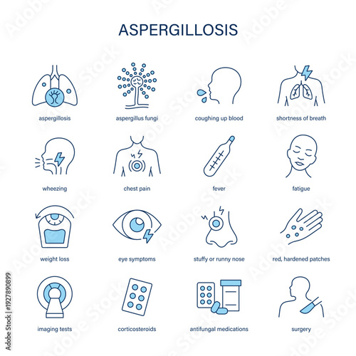 Aspergillosis symptoms, diagnostic and treatment vector icon set