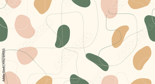 Seamless abstract pattern with organic shapes in muted pink, green, and beige, interconnected by flowing thin lines on a light cream background, creating a modern and minimalist design.
