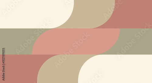Abstract geometric pattern with curved and straight lines in muted earthy tones of cream, beige, rose, and olive green, creating a flowing, interlocking design.