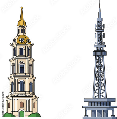 Flat vector illustration of a historic European bell tower with golden dome standing next to a modern metal telecommunication radio tower for contrast.