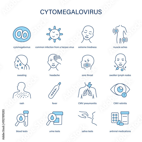 Cytomegalovirus symptoms, diagnostic and treatment vector icon set