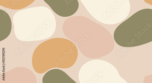 Abstract seamless pattern featuring organic, irregular shapes in a soothing palette of earthy beige, pink, orange, and olive green tones.