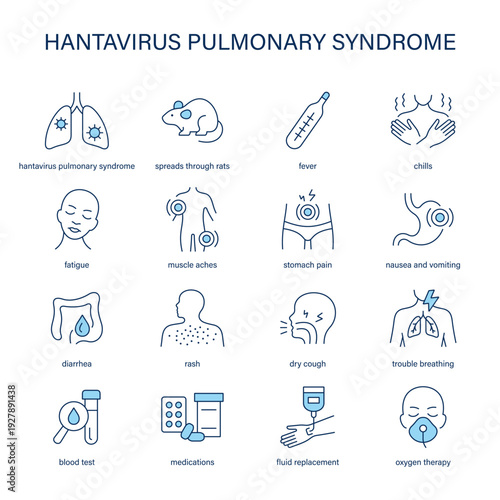Hantavirus Pulmonary Syndrome symptoms, diagnostic and treatment vector icon set