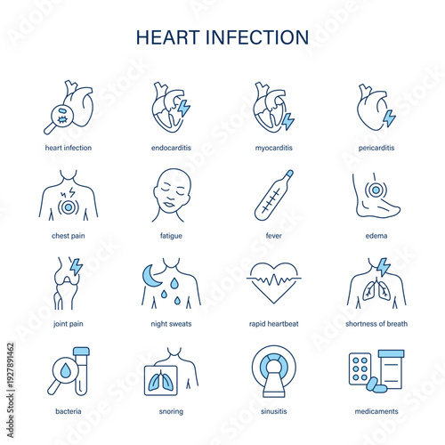 Heart Infection symptoms, diagnostic and treatment vector icon set