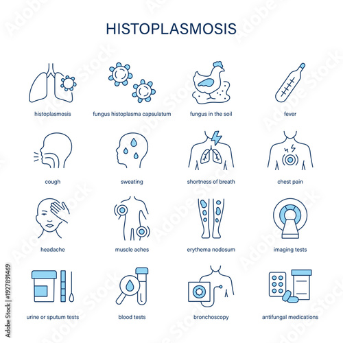 Histoplasmosis symptoms, diagnostic and treatment vector icon set