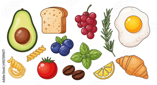 Assorted Breakfast Foods and Ingredients.