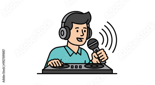 DJ man wearing headphones and holding a microphone while operating a DJ controller.