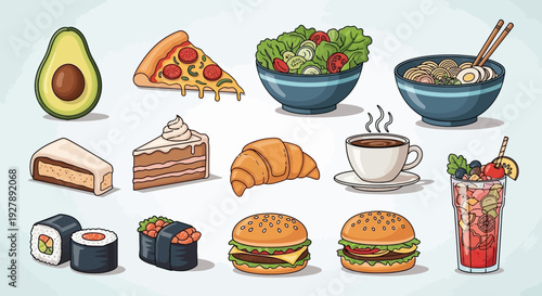 Assorted international fast food and beverages in cartoon style.