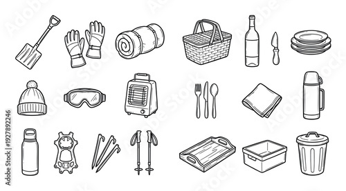 Large set of hand-drawn camping and picnic equipment including a sleeping bag, basket, thermos, and winter gear in a black and white line art illustration style