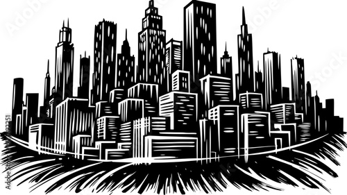 Very beautiful abstract brush sketch portrait of Chicago cityscape, minimalist line vector capturing iconic skyscrapers and bold skyline rhythm in a modern artistic composition.