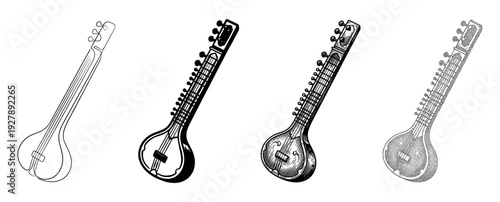 Set of four sitar illustrations showcasing different artistic techniques, including a simple outline, a solid silhouette, a detailed engraving, and a stippling dotwork style