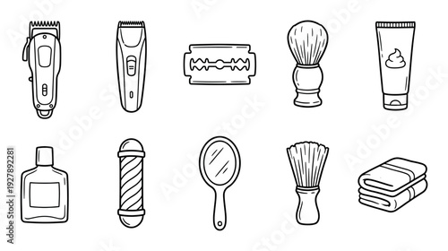 Set of black line art barbershop equipment icons including a clipper, razor, shaving brush, and barber pole in a simple hand-drawn doodle style for grooming concepts