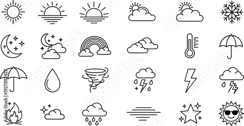 Weather and Climate Line Icon Set with Sun, Clouds, Rain, Storm, Snow, Temperature, and Forecast Symbols for Mobile Apps and Vector Design Projects