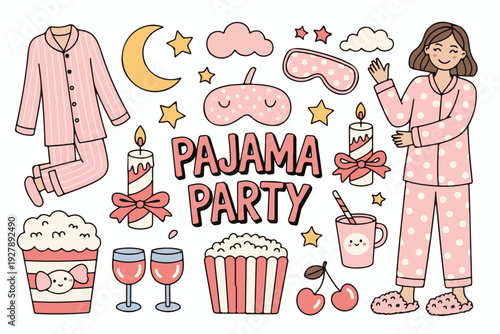 Cute hand drawn pajama party illustration set featuring a happy girl in sleepwear with cozy night snacks and bedtime doodles.