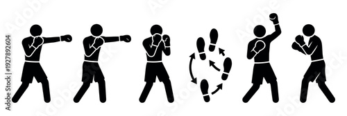 Set of black boxing stick figure pictograms showing various punches, defensive stances, and footwork techniques for training, presented as a minimalist instructional graphic icon collection