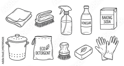 Set of hand-drawn eco-friendly cleaning supplies including vinegar, baking soda, brushes, and gloves in a simple black and white doodle illustration style for sustainable living