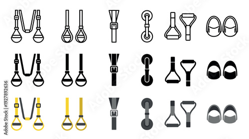 Suspension training equipment icon set showing various components in line art, solid glyph, and flat color styles for fitness, workout, and gym-related graphic design