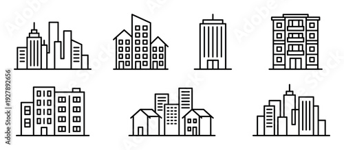 Set of six black line art building icons representing various urban structures like skyscrapers, apartments, and office blocks in a clean, minimalist, and modern graphic style
