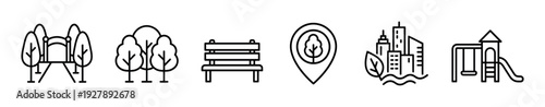 Set of black linear city park icons including a bridge, trees, bench, location pin, eco-city symbol, and a playground, representing urban recreation