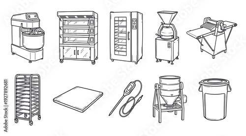 Professional bakery equipment set with various tools and machines for baking bread and pastry, including a dough mixer, oven, and rack, shown in a simple hand-drawn line art style