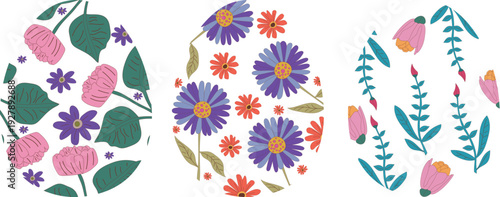 A set of white Easter eggs decorated with floral designs. Flowers in doodle style.