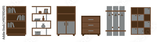 Set of various wooden home furniture including a bookcase, shelving unit, cabinet, and chest of drawers, depicted in a minimalist flat vector illustration for home decor